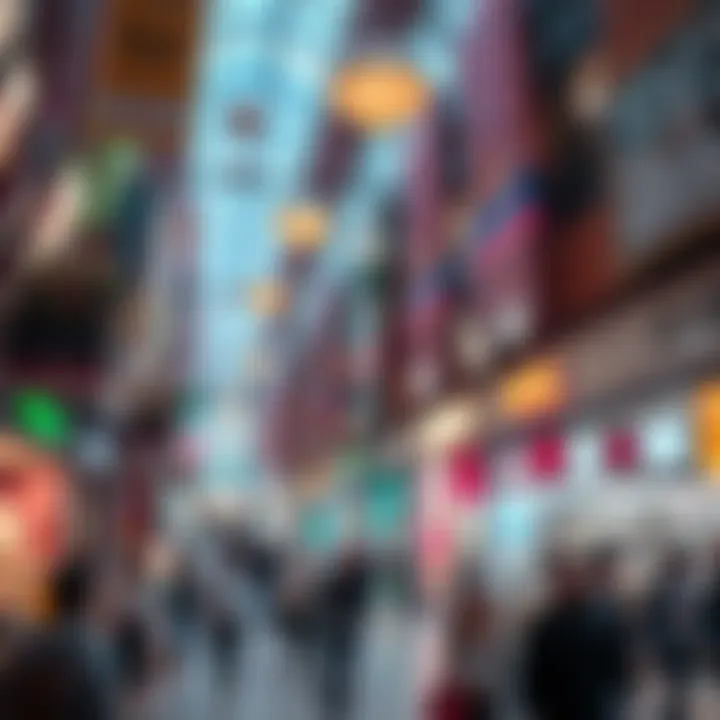 A vibrant, busy mall filled with shops and people, evoking a dreamlike atmosphere.