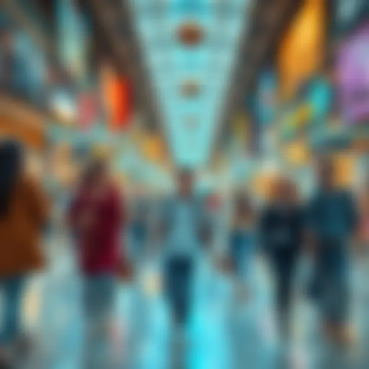 A group of individuals walking through a vibrant and busy Mall World, showing a mix of excitement and confusion on their faces
