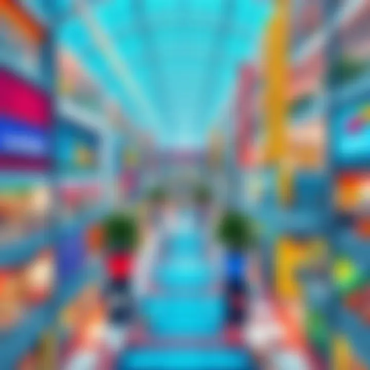 An illustration showing a colorful layout of a shopping mall with various stores and pathways, highlighting the memory aspect.