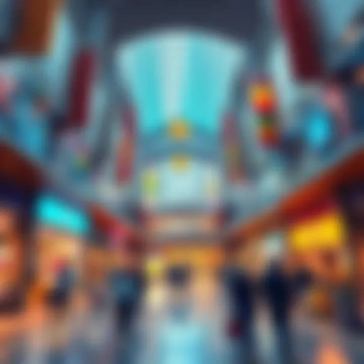 A vibrant mall filled with diverse shops and people exploring, reflecting dreams and theories about Mall World.