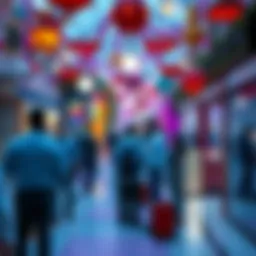 A group of people interacting in a colorful, whimsical mall environment with shops and decorations.