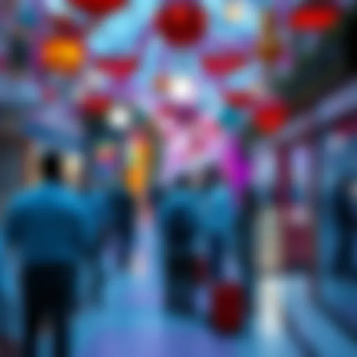 People working in a fantastical mall A group of people interacting in a colorful, whimsical mall environment with shops and decorations.