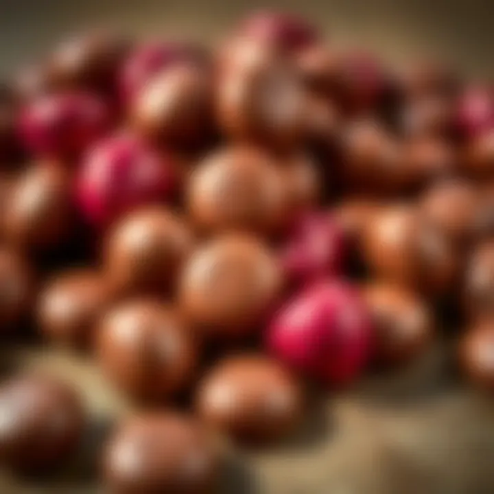 A close-up of a handful of Maltesers chocolate candies, showcasing their round shape and shiny coating. The candies are arranged on a wooden surface.