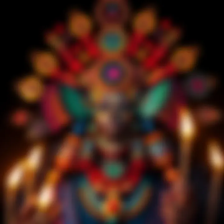 Colorful representation of Maman Brijit, a Haitian lwa, surrounded by traditional symbols and elements, emphasizing her connection to spirituality.
