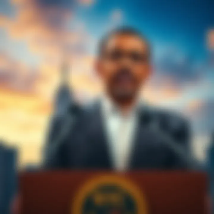 Mamdani in NYC Government Mamdani speaking at a podium with a NYC skyline in the background, looking engaged and expressive.