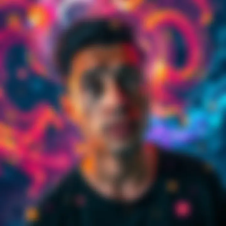 Man experiencing altered reality A man looks bewildered, surrounded by swirling colors and abstract shapes, representing his drug-induced psychosis and perception of alternate realities.