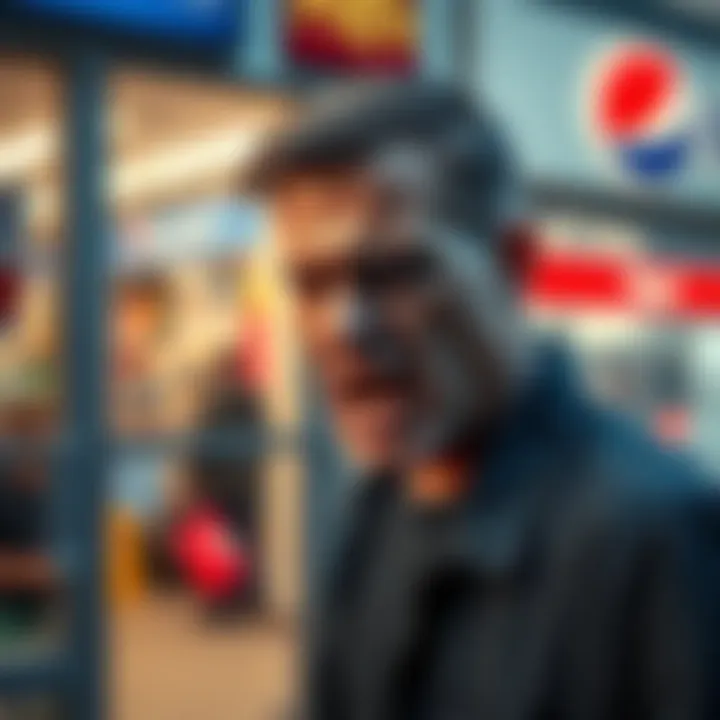 A man looks frustrated and angry outside a convenience store after being denied a purchase of Pepsi.