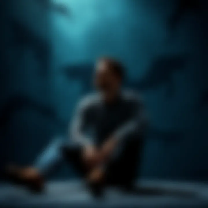 A man sitting alone looking contemplative, representing the struggle against negative thoughts, with shadows symbolizing his inner demons around him.