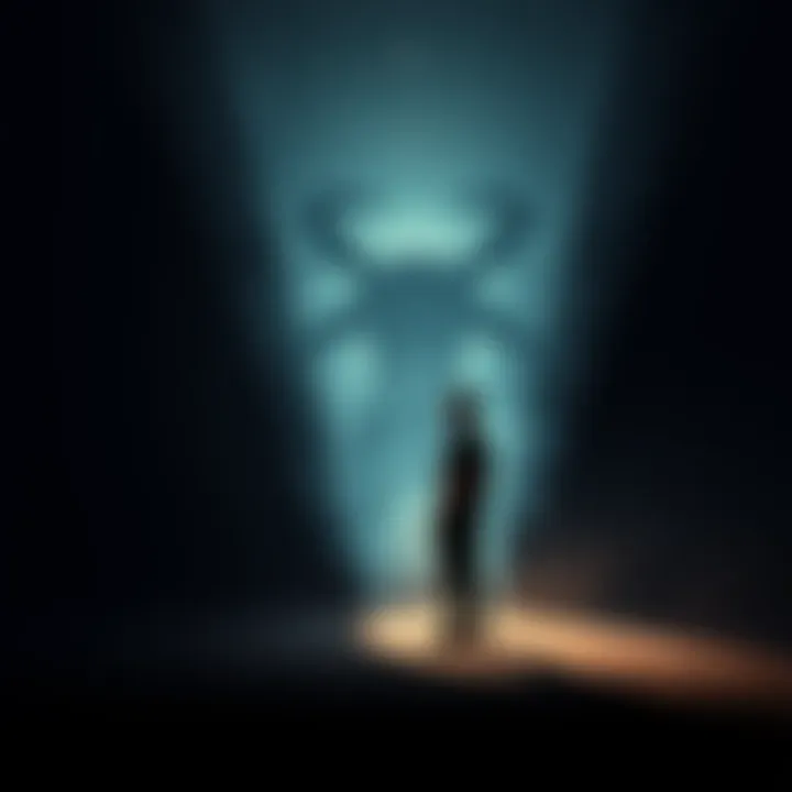 Man confronting a shadowy demon A man stands in a dark room, facing a shadowy figure that represents a demon, while casting protective spells to save his wife.