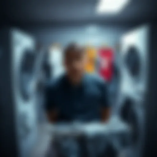 Man looks confused at laundry A man stands in front of a laundry basket, looking shocked at dirty underwear mixed with clean clothes, expressing confusion and concern.