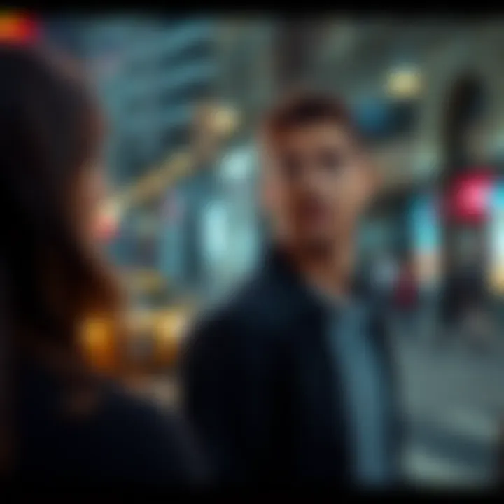 A man looks pensively at a woman across the street, showing a mix of desire and uncertainty