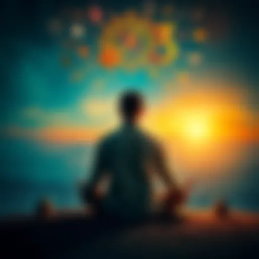 A man sitting cross-legged in a meditative pose, reflecting on life and existence, surrounded by symbols of Hindu philosophy and abstract thoughts.