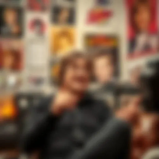 A man passionately talking about John Lennon in a casual setting with music memorabilia around him