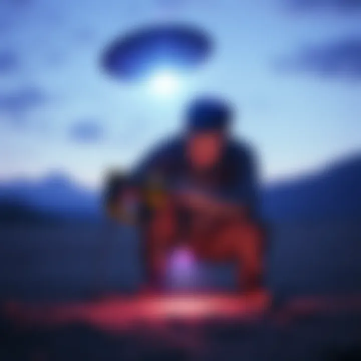 A man using a drill on an unidentified flying object, with a bright blue light shining from the spot being drilled.