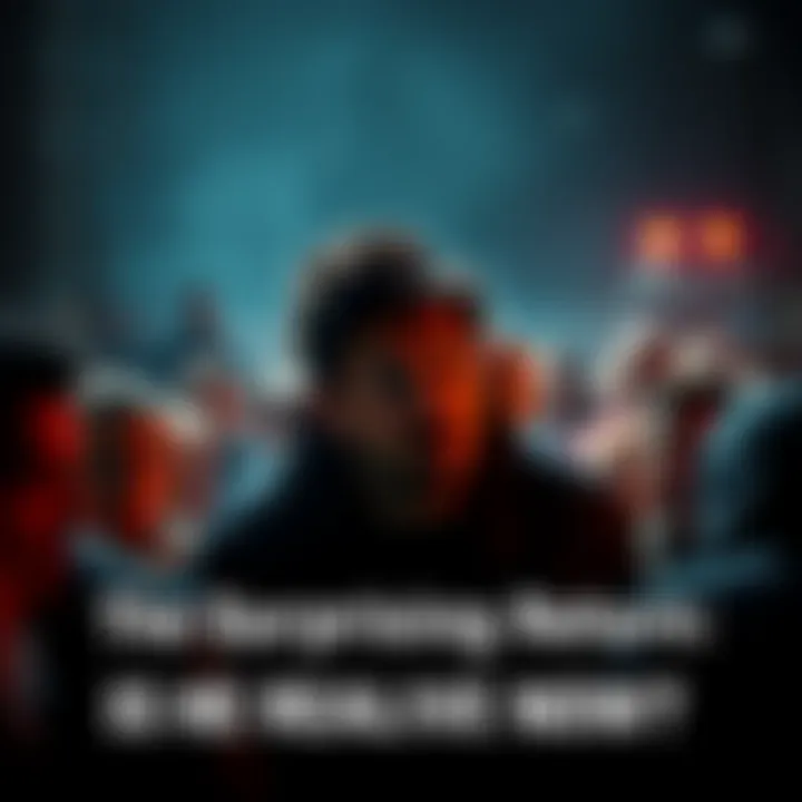 A man appears from dark shadows, looking surprised and alive, surrounded by a crowd of curious onlookers.