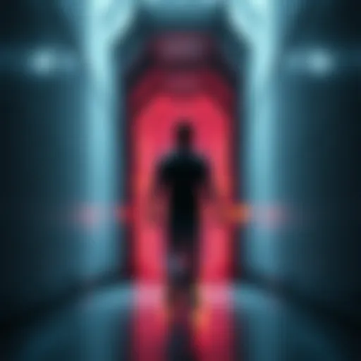 A man walks through a dimly lit hallway in a surreal building, encountering an unsettling scene