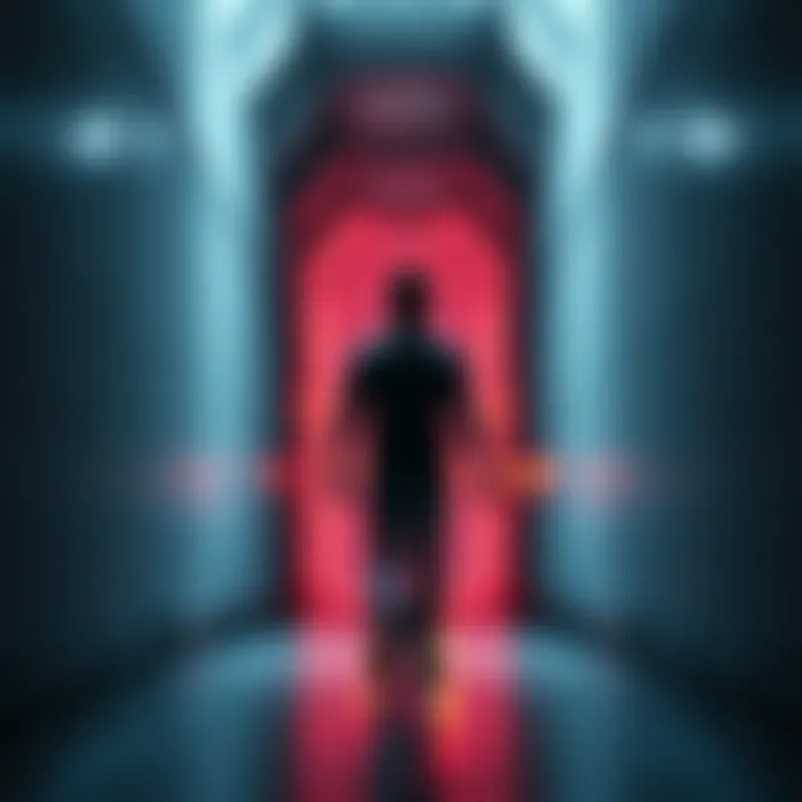 A man walks through a dimly lit hallway in a surreal building, encountering an unsettling scene