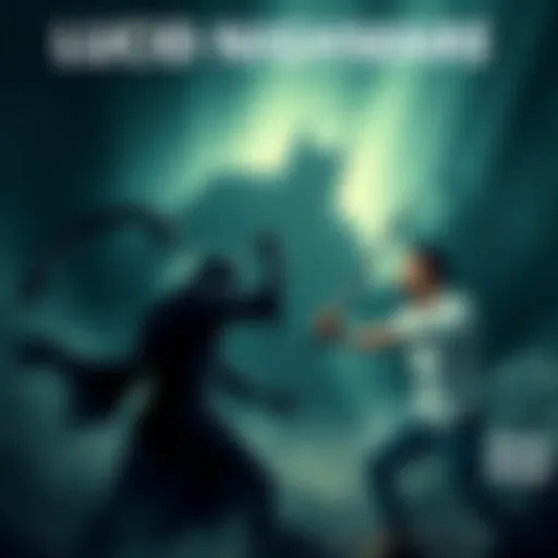 A man swings a sword at a shadowy monster in a dreamlike setting, showcasing the struggle against fear.