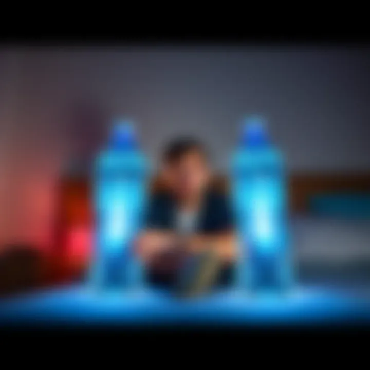 Man finds two identical water bottles A surprised man in his bedroom, sitting on the bed, staring at two identical water bottles on his nightstand, looking confused and amazed.