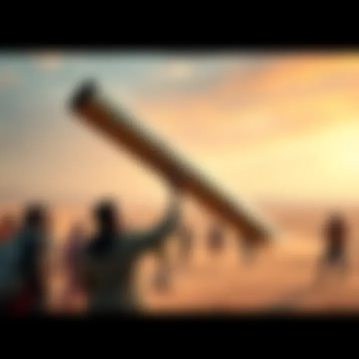 Man finds strange tube in desert A man holding a metallic tube he discovered in a vast desert landscape, with curious locals gathering around him.