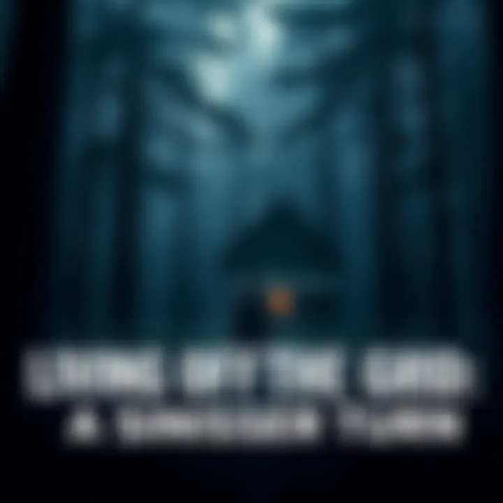 A man looks tense as he stands near a cabin surrounded by tall trees, with a misty atmosphere hinting at hidden secrets.