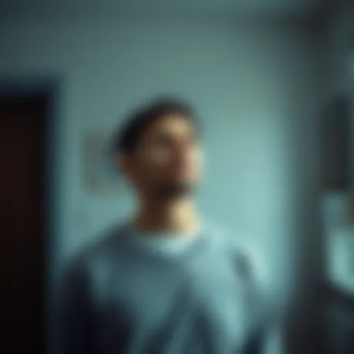 A man stands in a quiet room, looking surprised and emotional as he hears a voice that he believes is his late mother calling him.