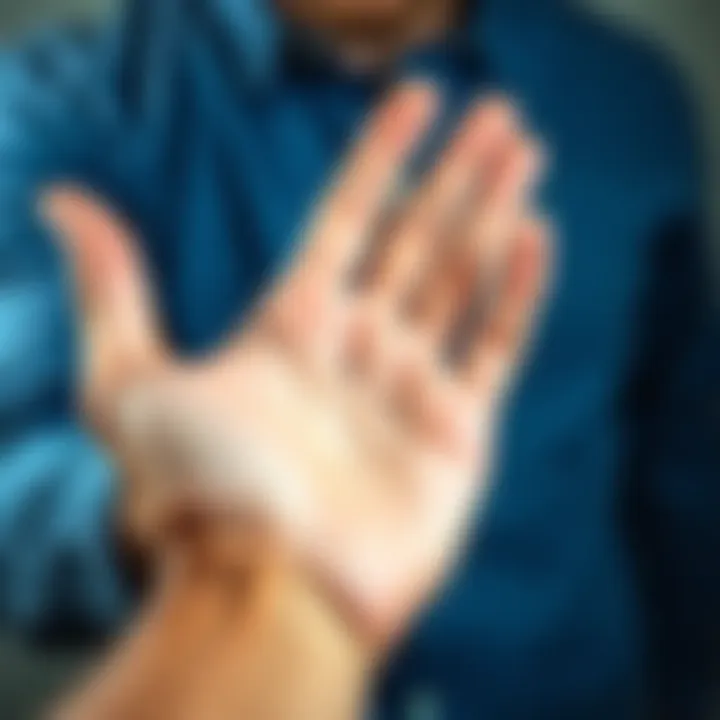 Man showing mole on palm Close-up of a man holding his palm with a small, unusual mole visible under the skin.