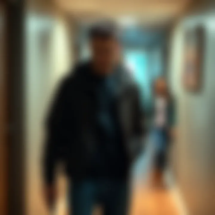 Man in Hallway A strange man standing in an apartment building hallway, looking suspicious while a woman watches from a distance, highlighting safety concerns.