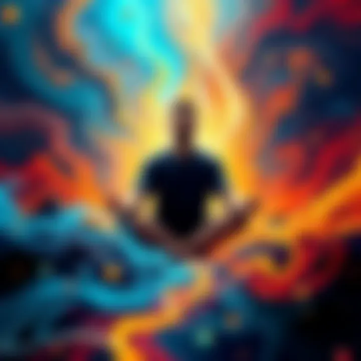 A man in meditation A man sits cross-legged, deep in meditation, surrounded by swirling colors representing chaos and change, symbolizing his spiritual journey.
