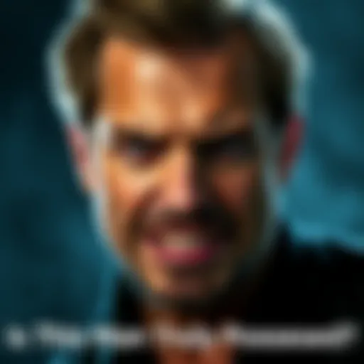 A man showing a strong facial expression with a piercing gaze and a grimace, suggesting an unsettling demeanor.