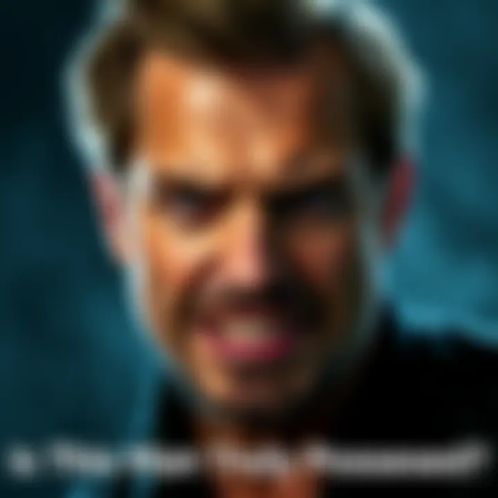 A man showing a strong facial expression with a piercing gaze and a grimace, suggesting an unsettling demeanor.