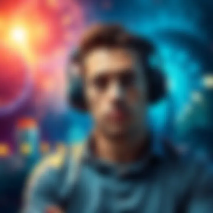 A man with headphones on, focused and relaxed, with a confident expression, surrounded by uplifting imagery representing self-improvement and confidence.