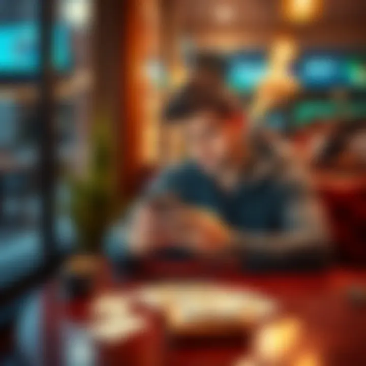 A man sitting alone in a café, staring at his phone, contemplating a text message from a friend, with tarot cards spread out on the table beside him.