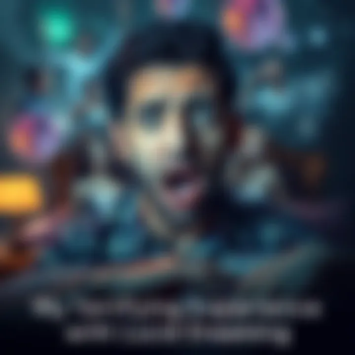 A man appears frightened in his bedroom, surrounded by dream-like elements such as swirling colors and images of family and friends, depicting his unsettling lucid dreams.