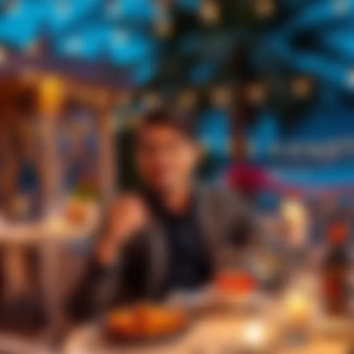 A stylish man enjoying a lavish outdoor dinner, surrounded by elegant decor and fine dining, reflecting a luxurious lifestyle.