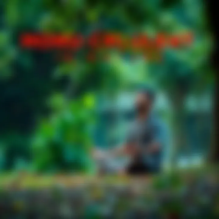 A 38-year-old man sits peacefully in a lush green setting, meditating, reflecting on his personal journey towards a simple lifestyle in harmony with nature and Dhamma.