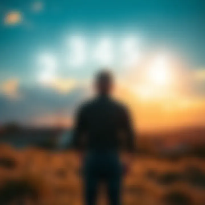 A man stands outdoors, looking at a series of numbers appearing in the clouds, surrounded by a serene landscape. He reflects on his connection to the universe and his late father.