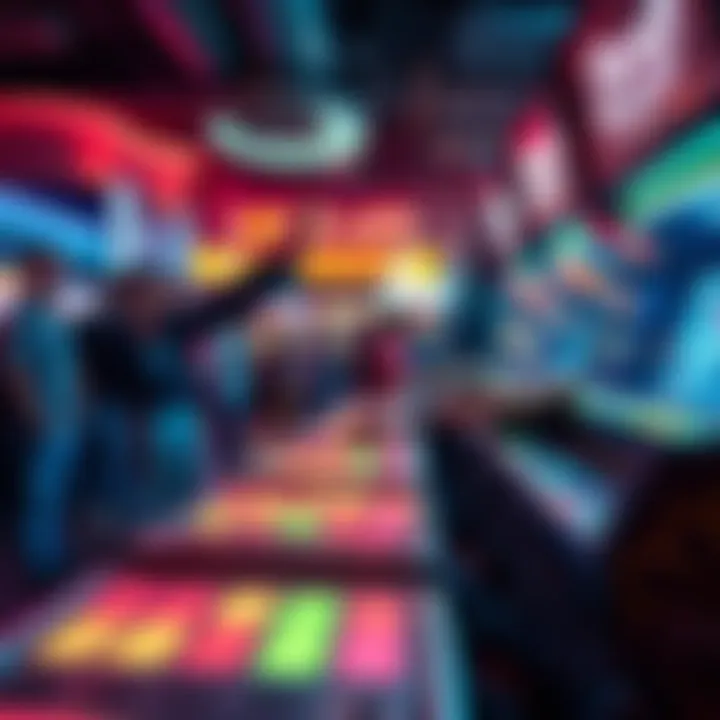 A man joyfully playing Dance Dance Revolution at an arcade, with a chaotic coffee stand in the background and onlookers watching him.