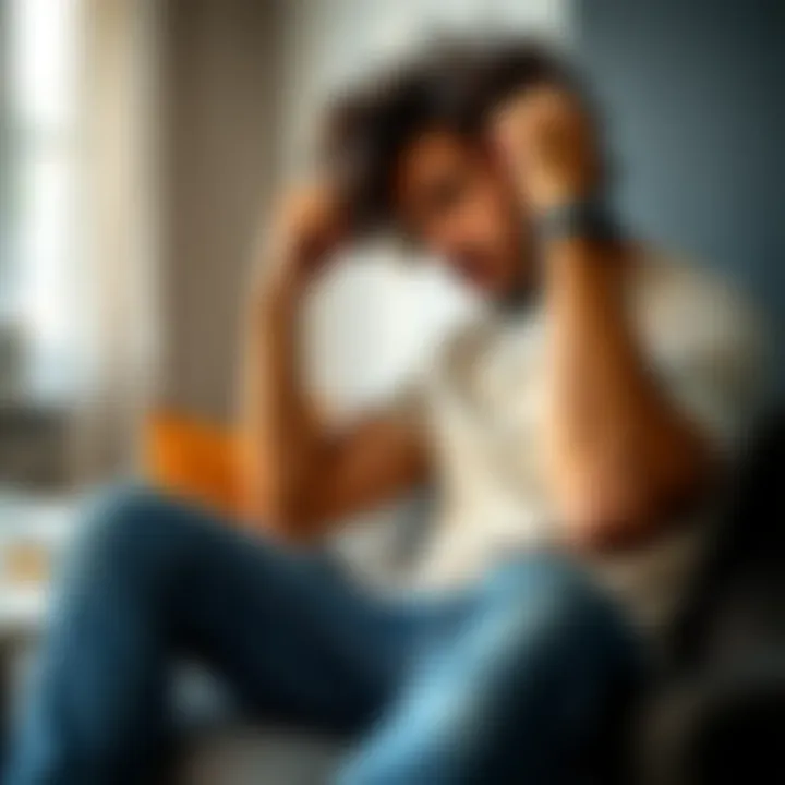 A 35-year-old man is sitting on a couch, looking contemplative as he twists and plays with his curly hair, reflecting on his compulsive behavior.