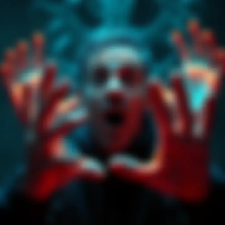 A man looks shocked and transformed while claw-like hands appear around him in a thermal video during a ghostly event