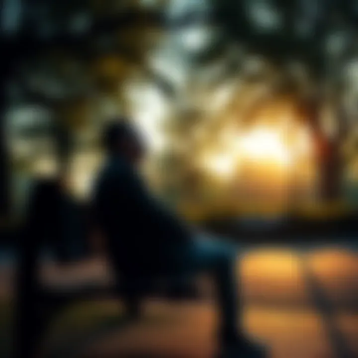 A man sitting on a bench with a pensive expression, looking out into a park, surrounded by trees and soft sunlight, embodying feelings of detachment and contemplation after a psychedelic experience.