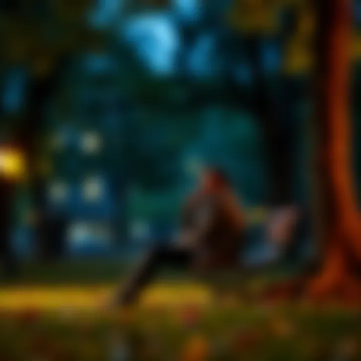 A man sitting alone in a park, deep in thought, contemplating life and reality after a traumatic fall as a child.