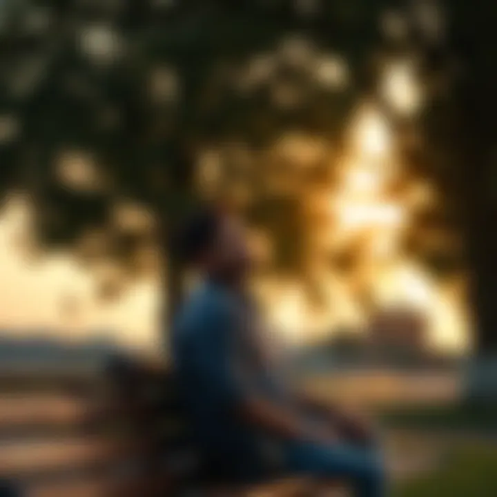 A man reflecting on love A thoughtful man sits alone on a park bench, looking contemplative as he reflects on a past romantic experience, with trees and a soft sunset in the background.