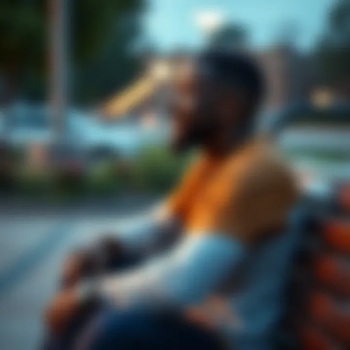 A man sitting on a bench, looking thoughtful with a soft smile, symbolizing his journey of self-discovery and love manifestation.