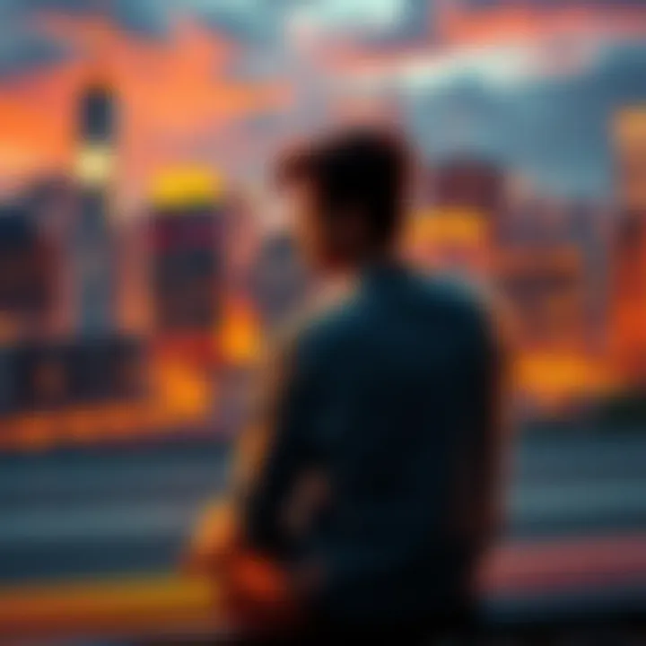 A man sitting on a bench, looking thoughtful and anxious, surrounded by a cityscape that represents his inner turmoil and identity issues.
