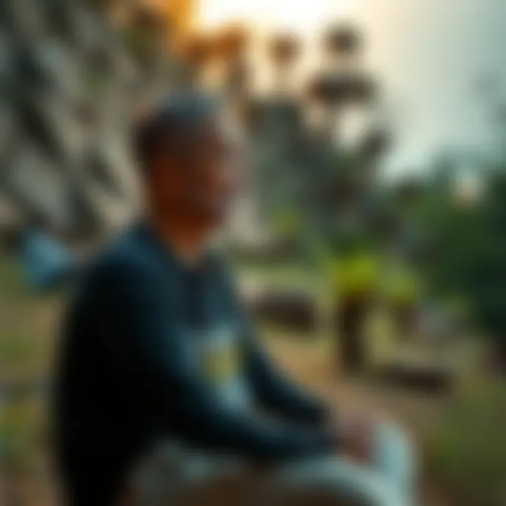 A man sits in contemplation outside a Vipassana retreat, looking thoughtful and calm, surrounded by nature.