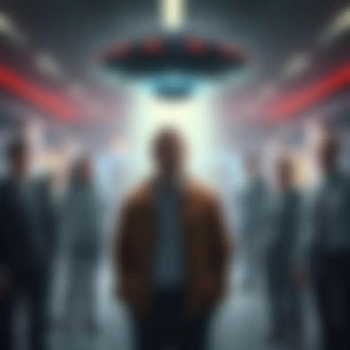 A man stands in front of his surprised colleagues, sharing a story about his encounter with aliens after disappearing for five days.