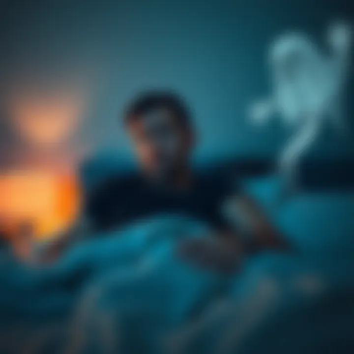 A man looking scared in bed A worried man sits up in bed, looking around nervously as a ghostly figure appears beside him.