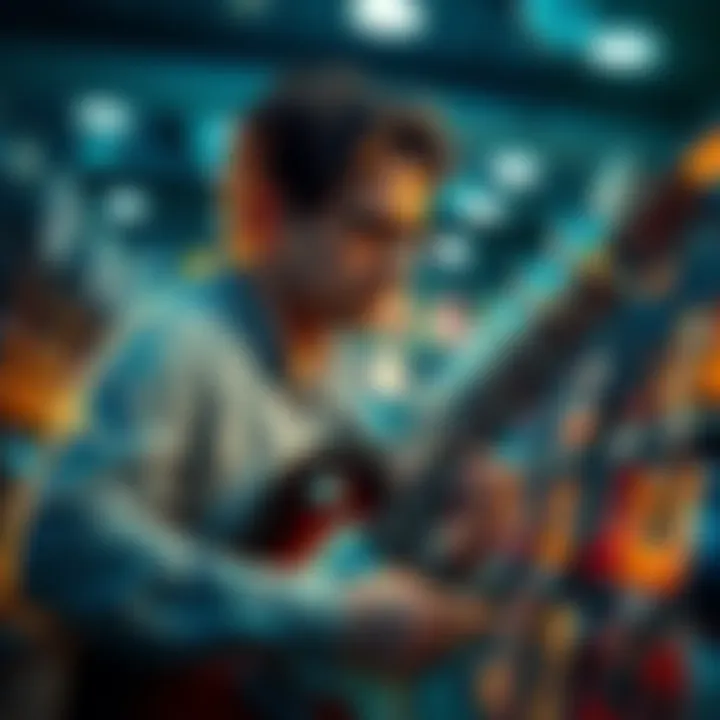 Man searching for a guitar A man looks for the perfect guitar in a music store with a friend and a helpful figure nearby.