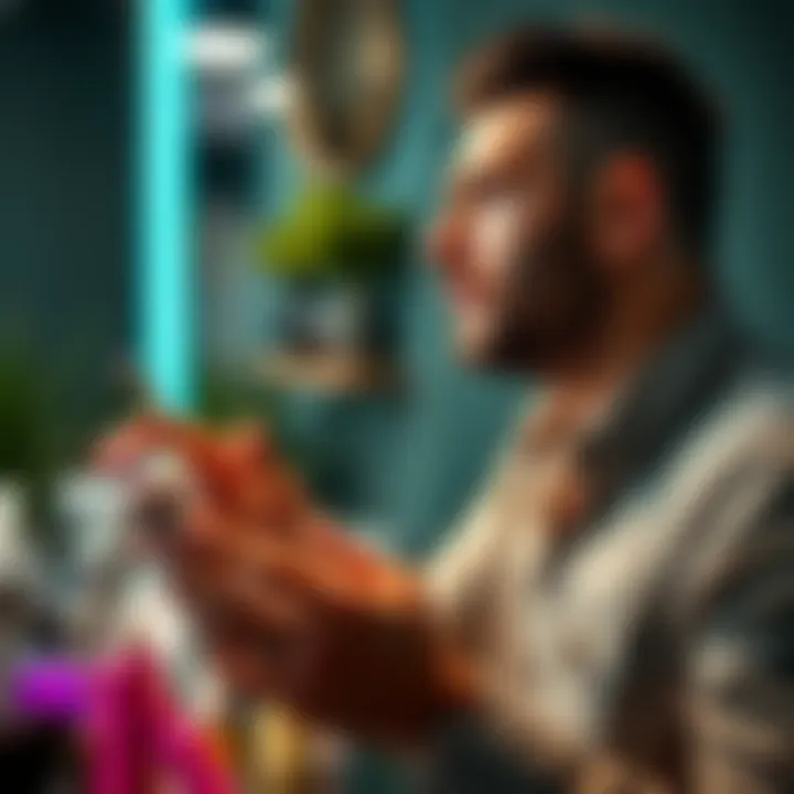 A man looking at beauty products and grooming tools, contemplating how to improve his appearance